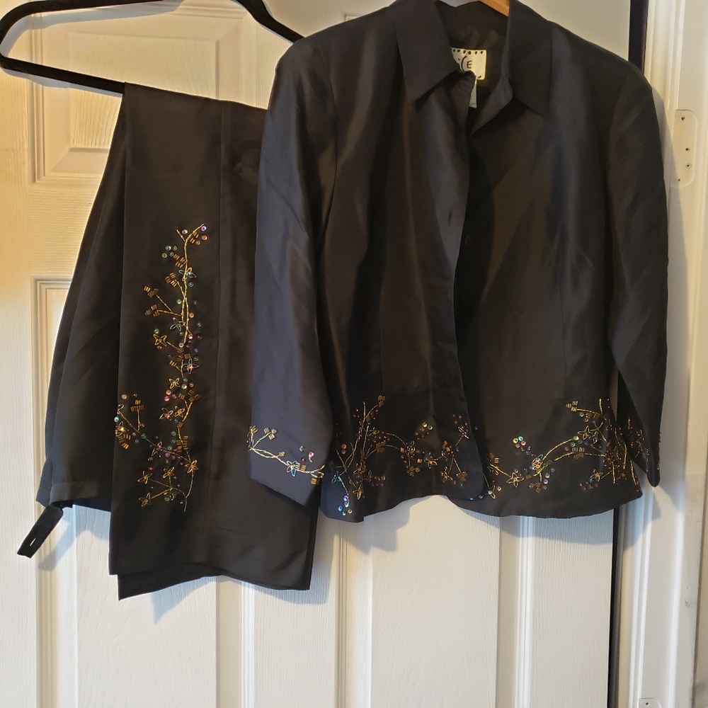 ICE black silk beaded jacket and pants size 6